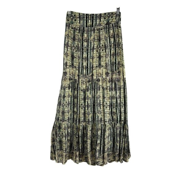 Solitaire Tiered Maxi Skirt Women 8 Black Tan Abstract Elastic Waist Boho Flowy - Picture 1 of 6